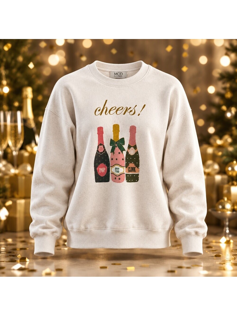 Mod on Trend Champagne New Year's Eve Sweatshirt Cheers Small Ivory 5131